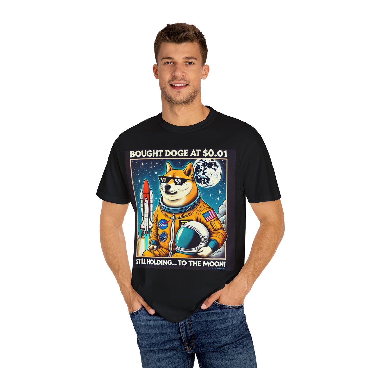 Astro Doge Unisex T-Shirt - "Bought Doge at $0.01, Still Holding to the Moon!"