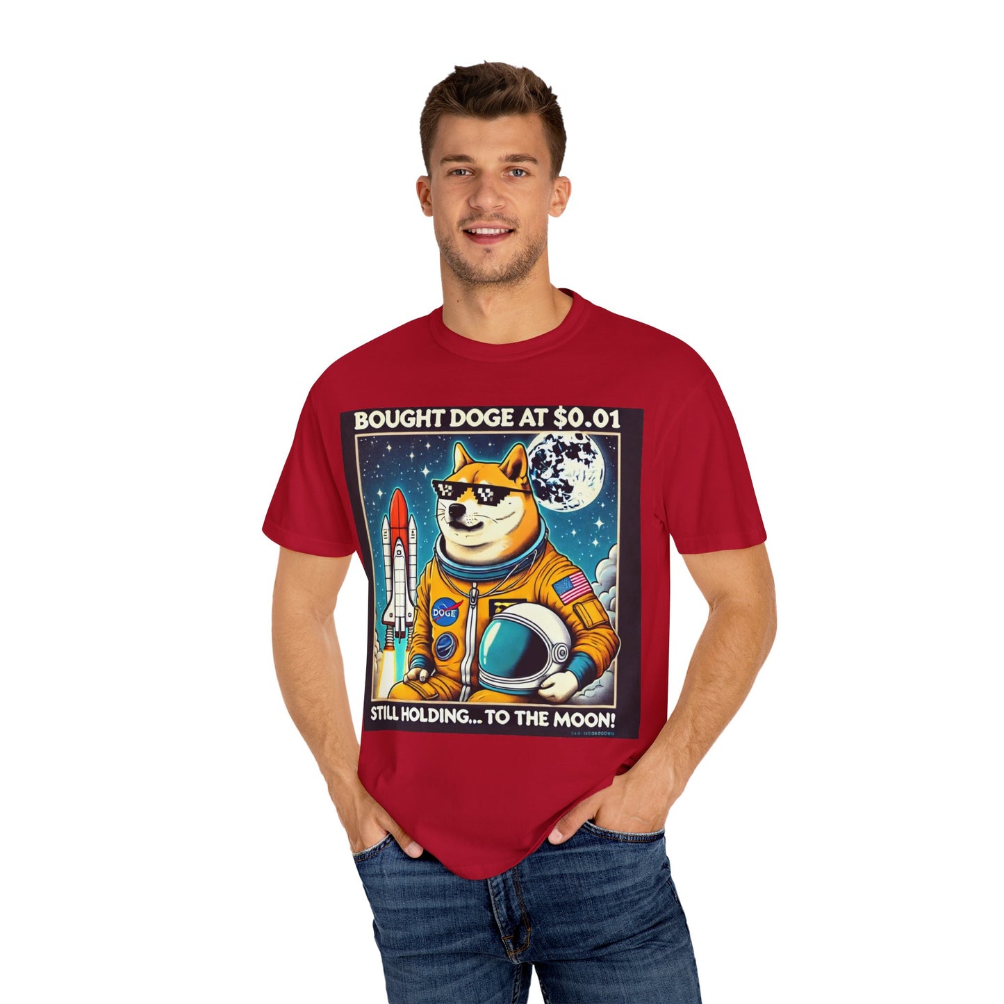 Astro Doge Unisex T-Shirt - "Bought Doge at $0.01, Still Holding to the Moon!"