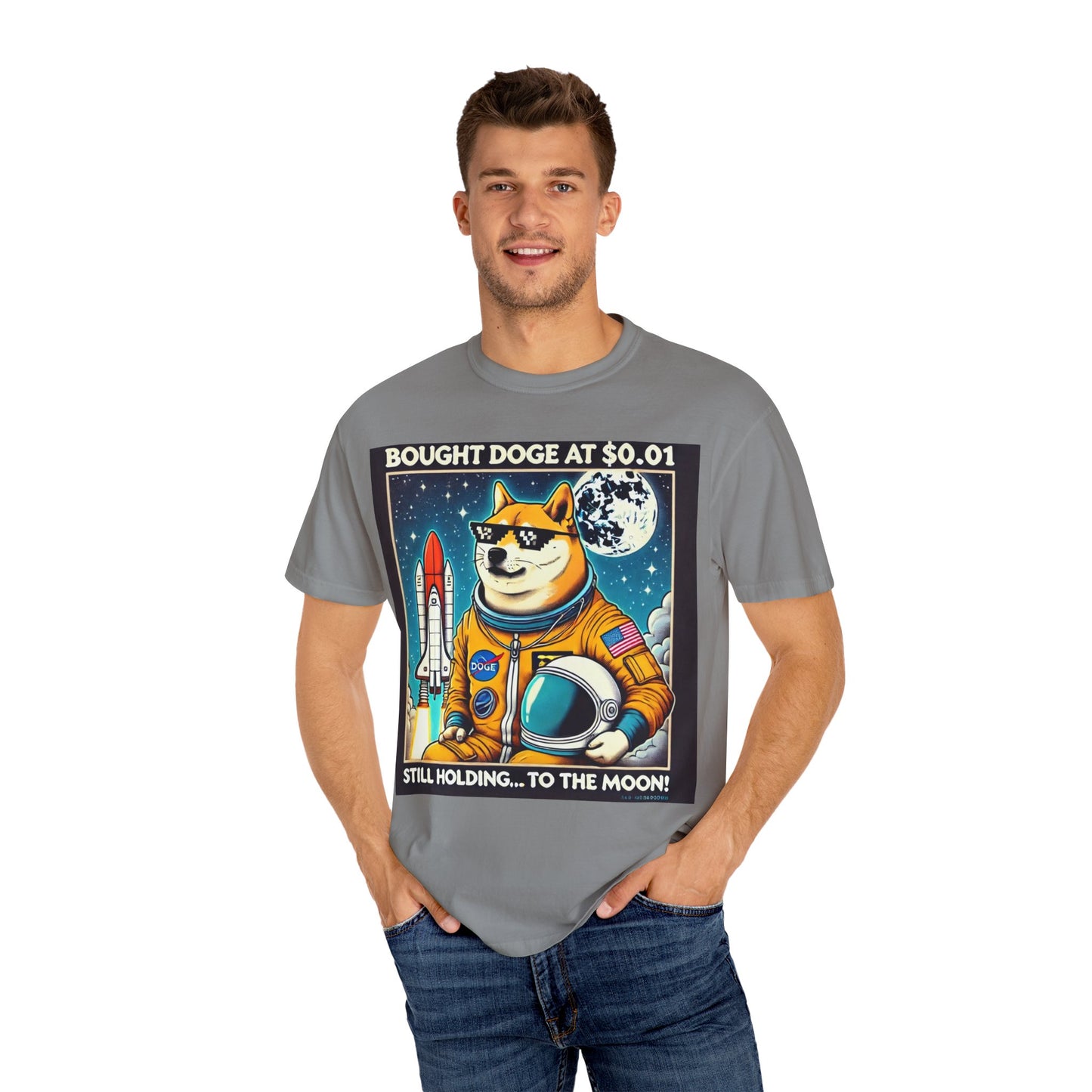 Astro Doge Unisex T-Shirt - "Bought Doge at $0.01, Still Holding to the Moon!"