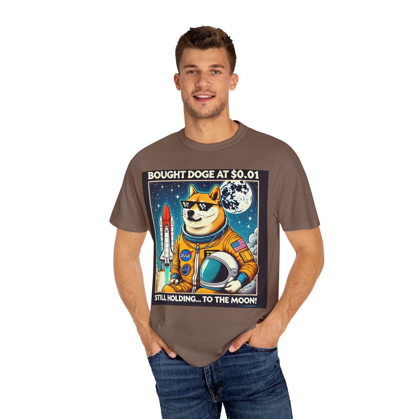 Astro Doge Unisex T-Shirt - "Bought Doge at $0.01, Still Holding to the Moon!"