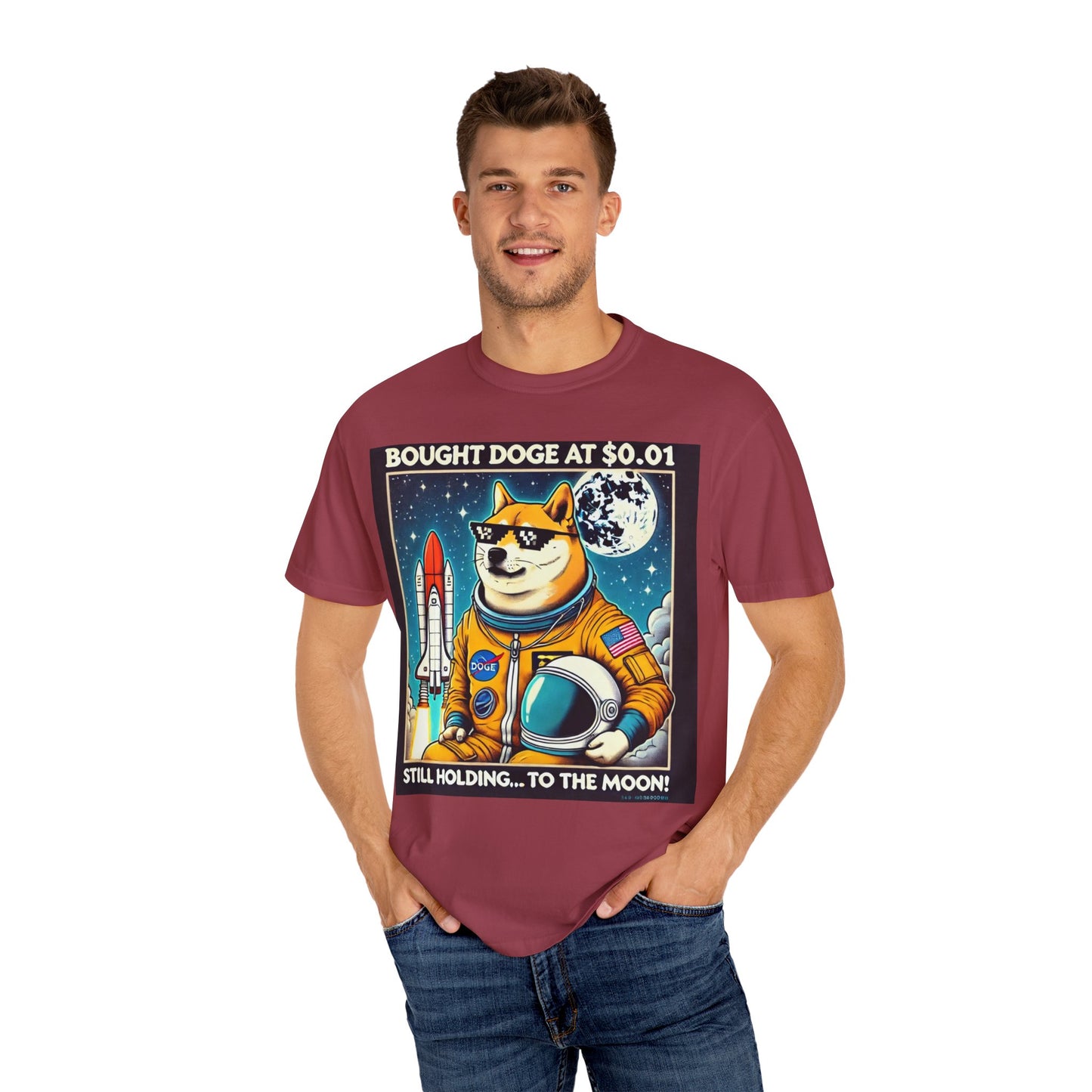 Astro Doge Unisex T-Shirt - "Bought Doge at $0.01, Still Holding to the Moon!"