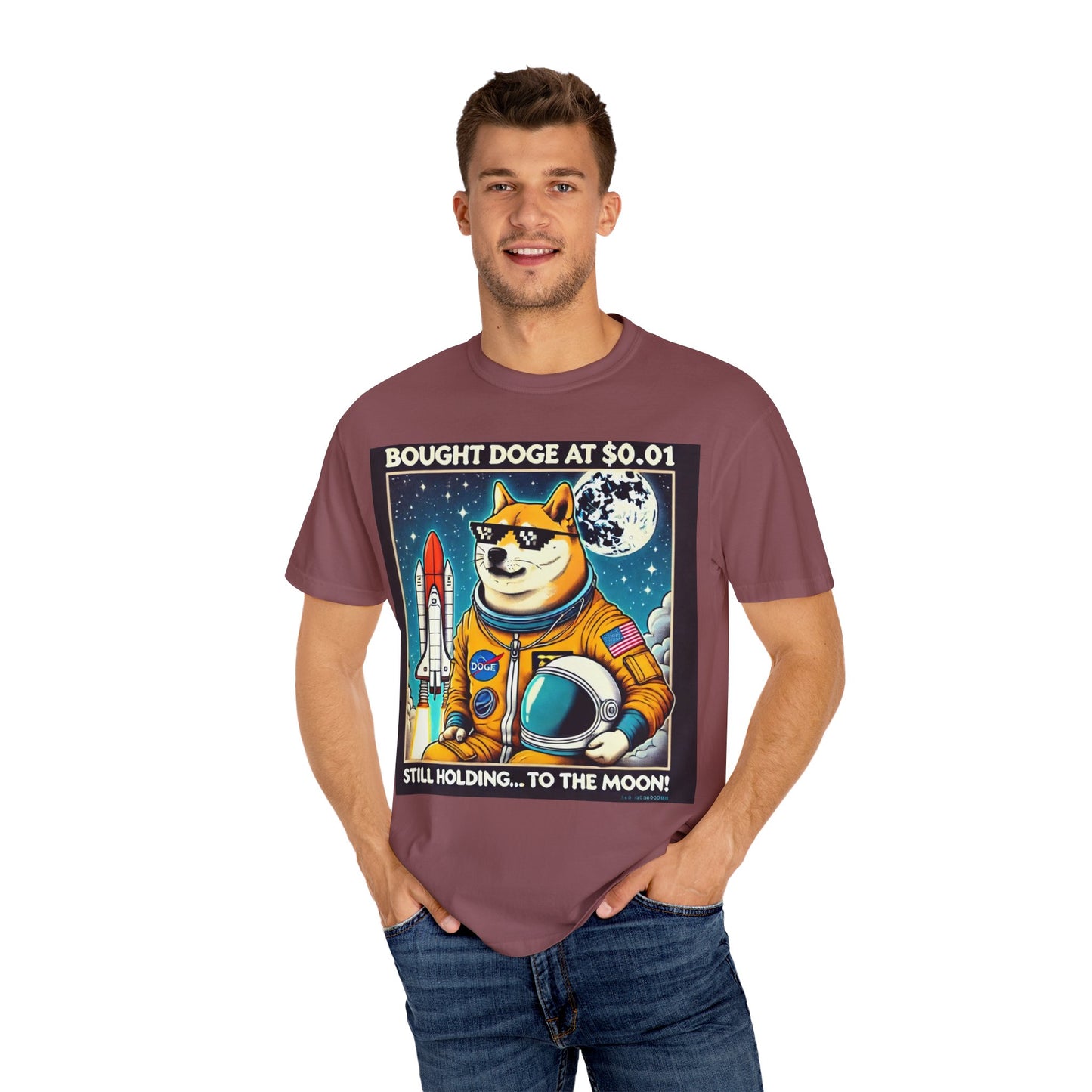 Astro Doge Unisex T-Shirt - "Bought Doge at $0.01, Still Holding to the Moon!"