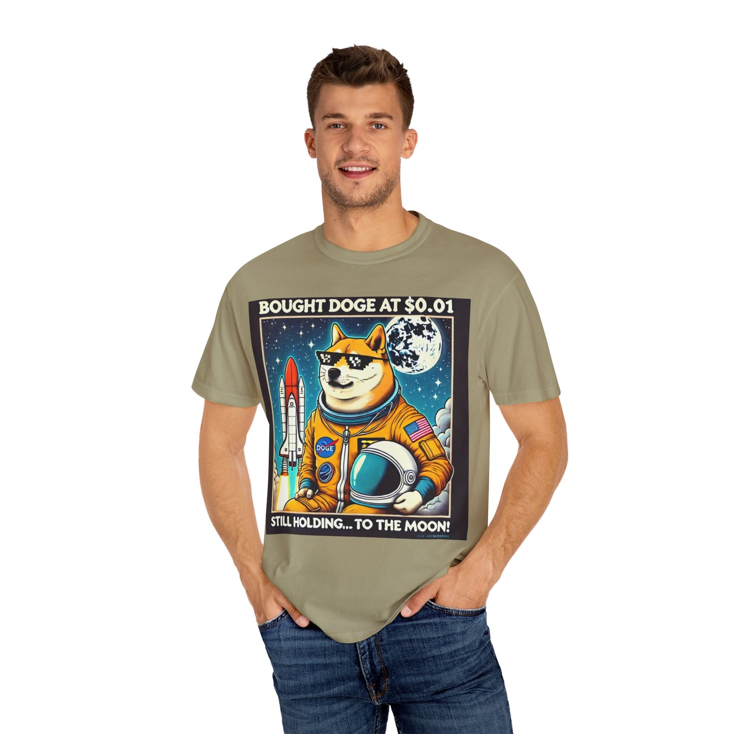 Astro Doge Unisex T-Shirt - "Bought Doge at $0.01, Still Holding to the Moon!"