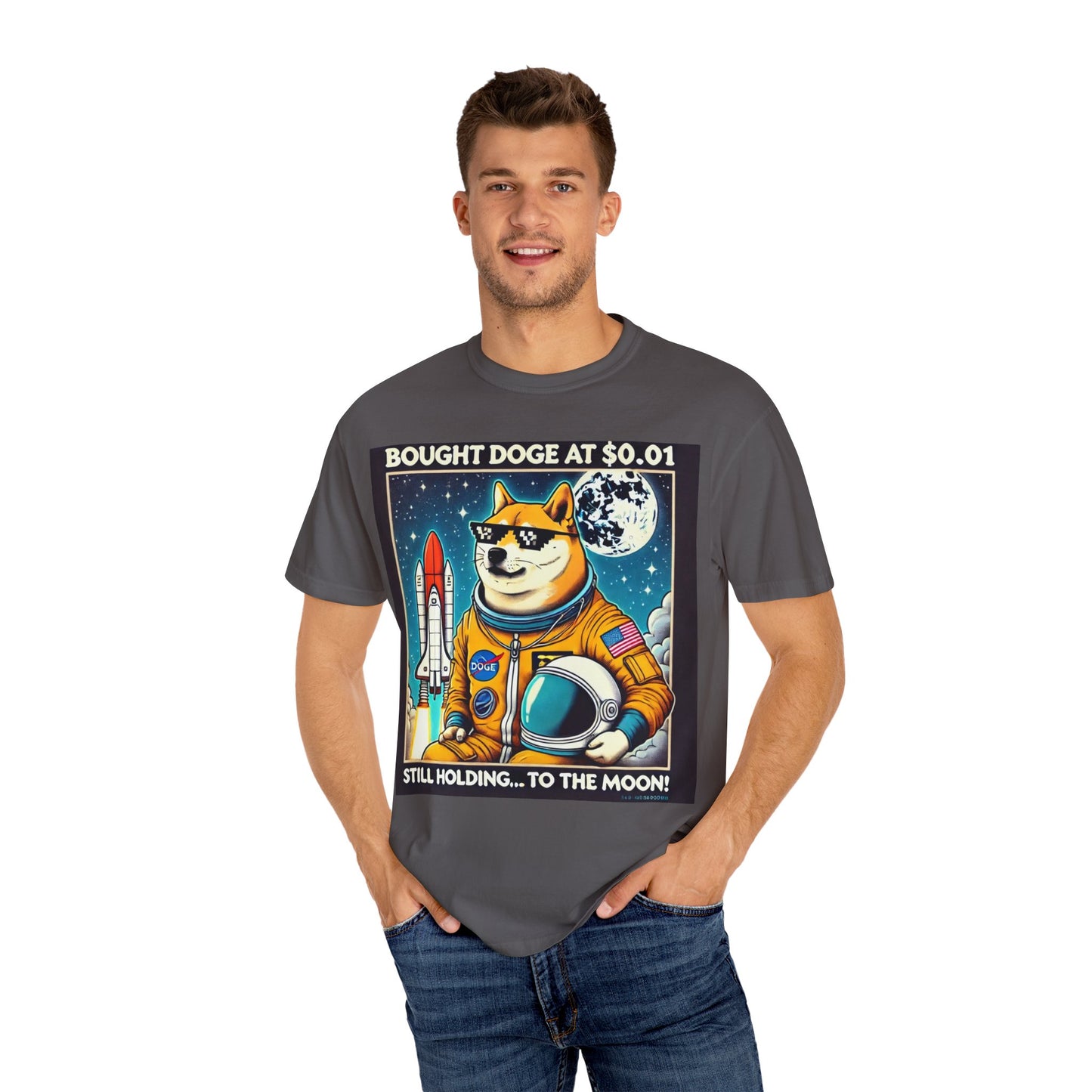 Astro Doge Unisex T-Shirt - "Bought Doge at $0.01, Still Holding to the Moon!"