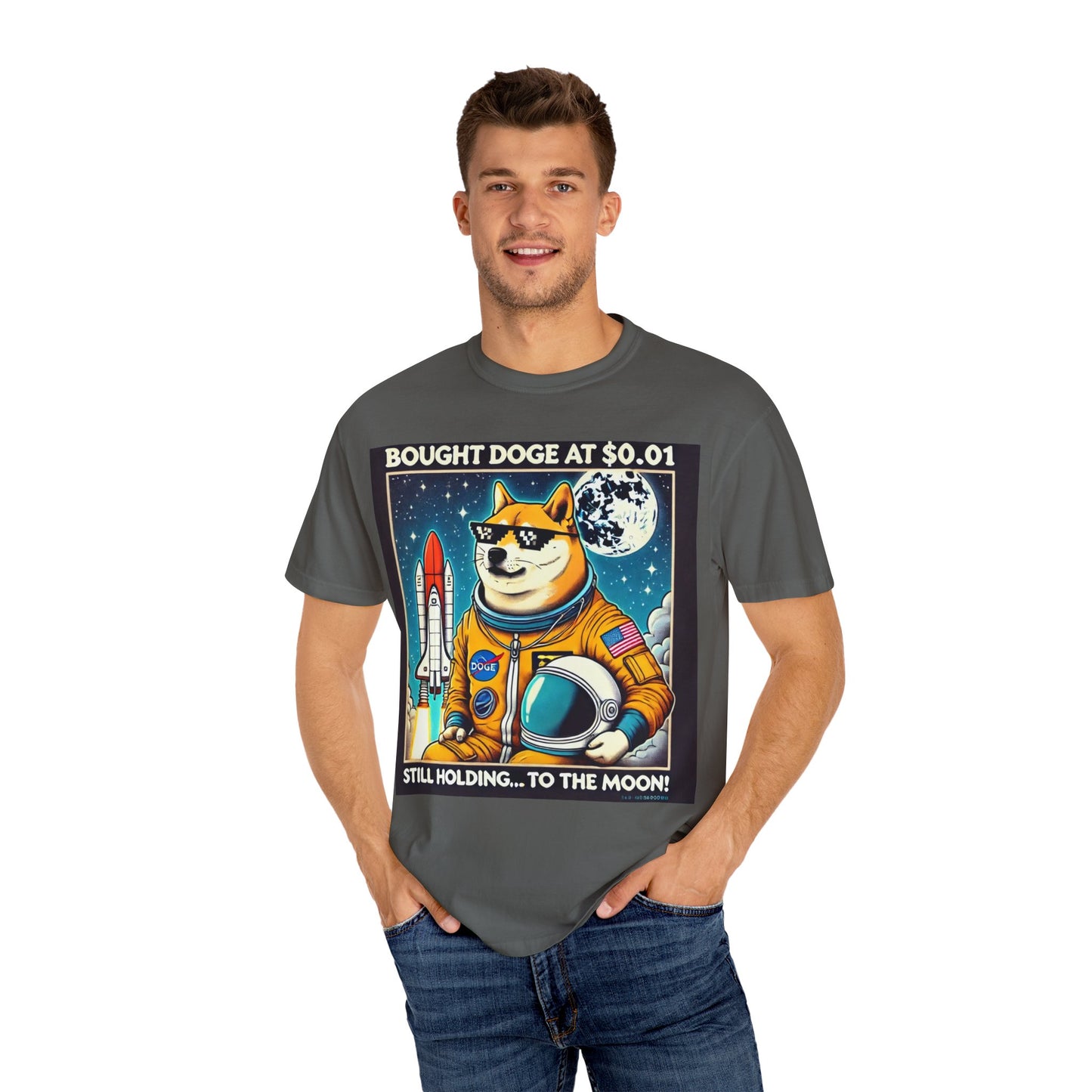 Astro Doge Unisex T-Shirt - "Bought Doge at $0.01, Still Holding to the Moon!"