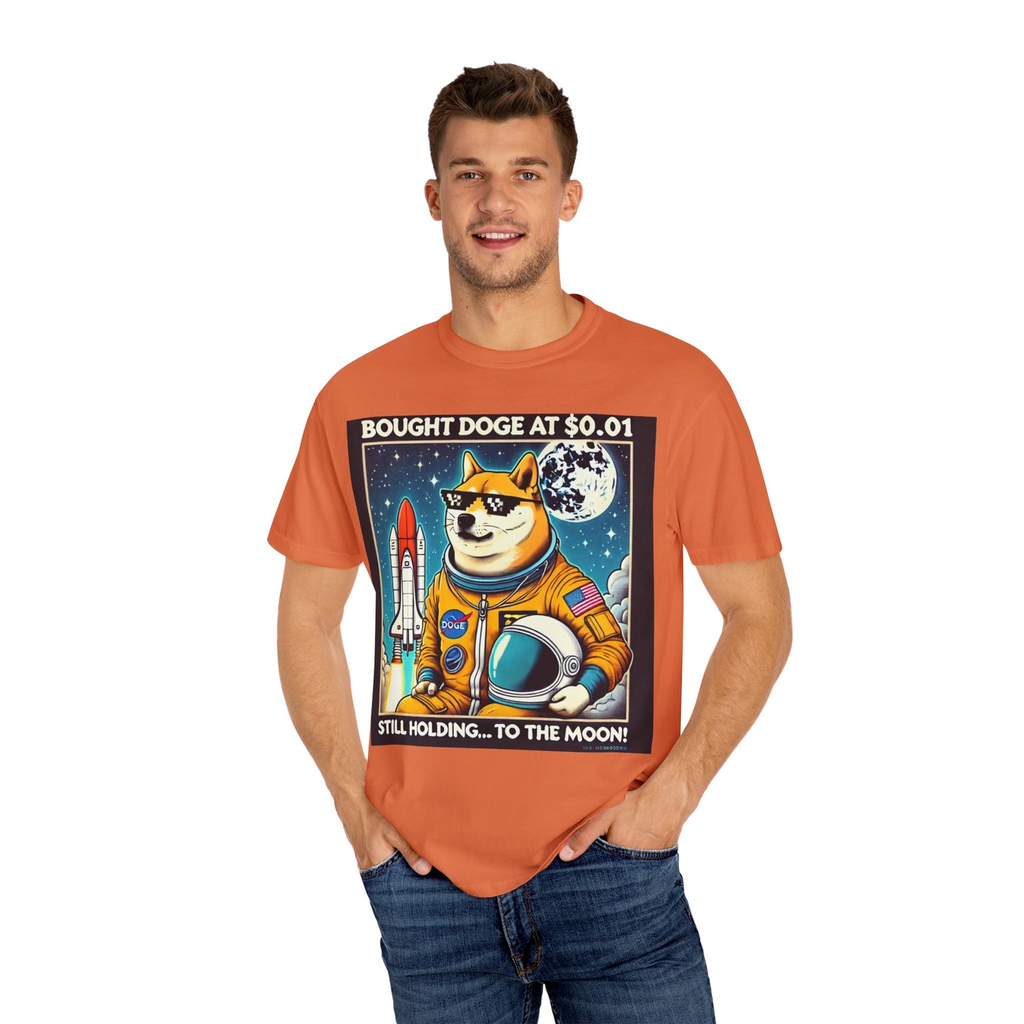 Astro Doge Unisex T-Shirt - "Bought Doge at $0.01, Still Holding to the Moon!"