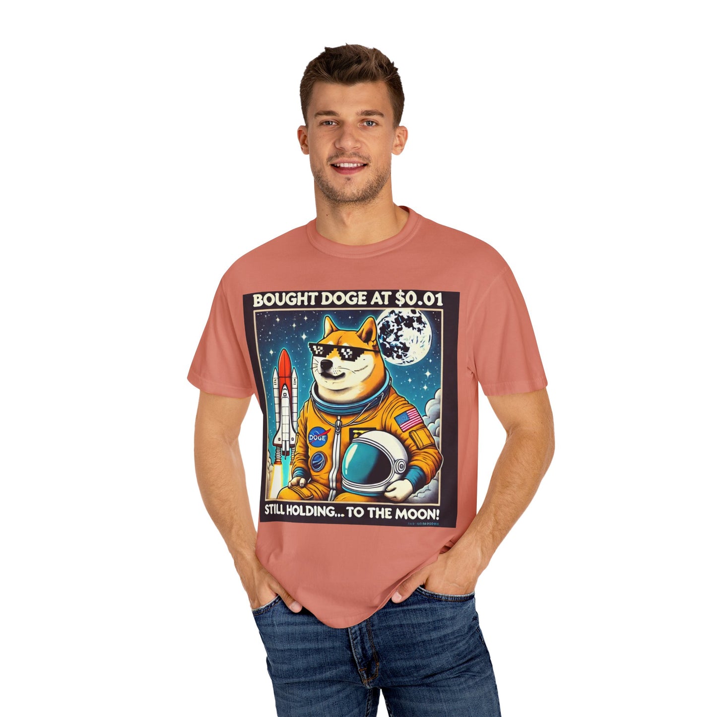 Astro Doge Unisex T-Shirt - "Bought Doge at $0.01, Still Holding to the Moon!"
